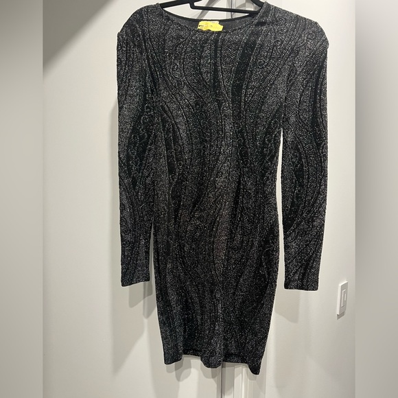 TORN BY RONNY KOBO-black silvery long sleeve stretchy cocktail dress - Picture 1 of 3